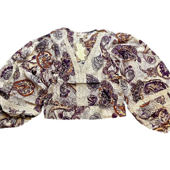 Band of the Free Blouse Women’s L Cream Purple Paisley Boho Top Festival-Ready - Picture 3 of 12